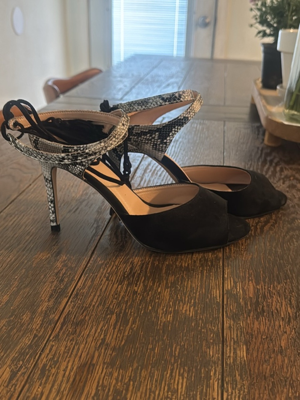 Black Suede Peep-Toe Heels with Snake-Print Ankle Strap